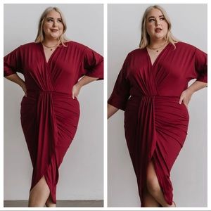 Baltic Born Mimi burgundy long sleeve v-neck gathered midi dress NWT